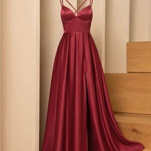 Strappy Satin Maxi Prom Dress in Burgundy